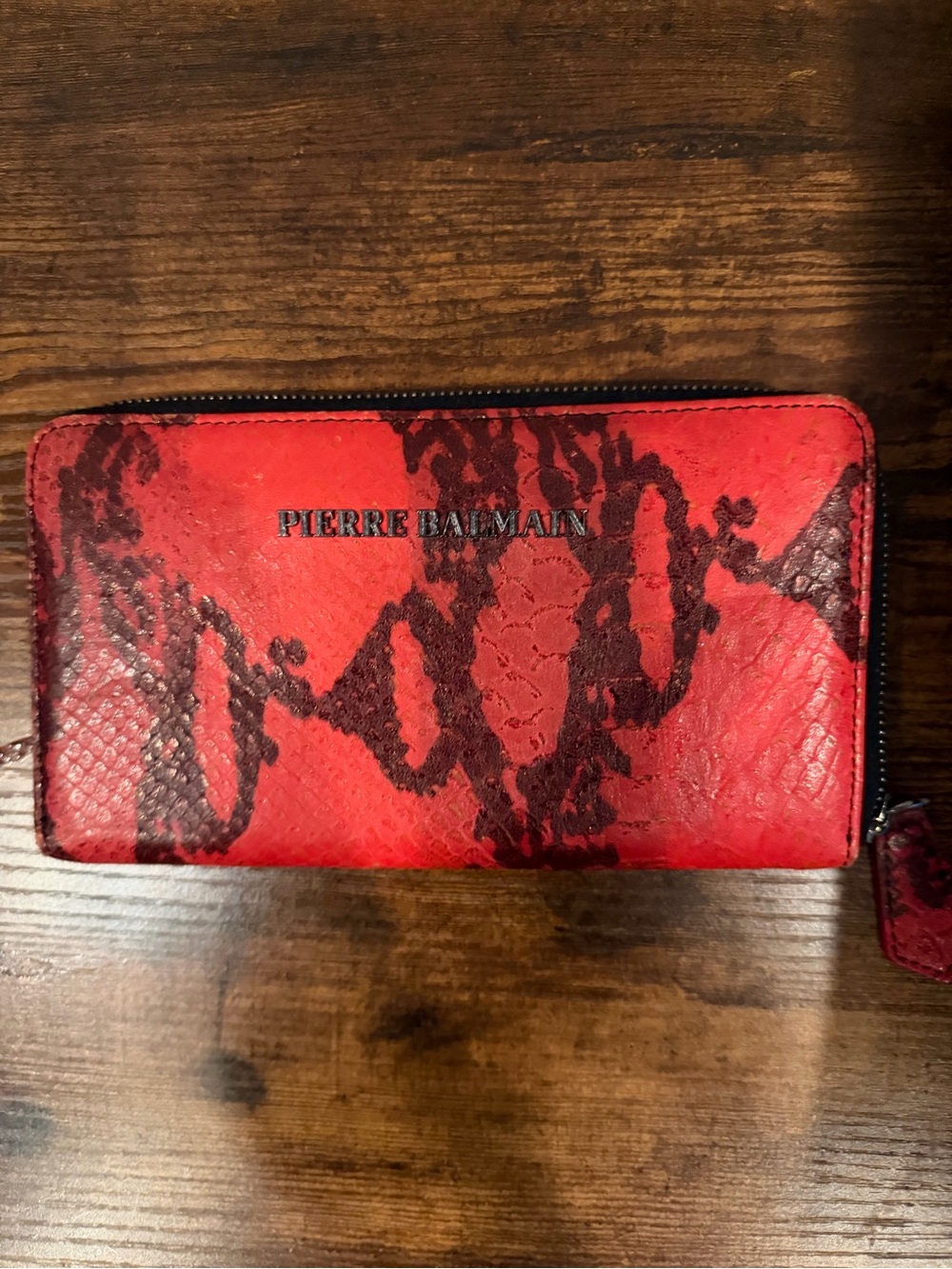 Pierre Balmain Red and Black Snake-Print Zip Wallet
